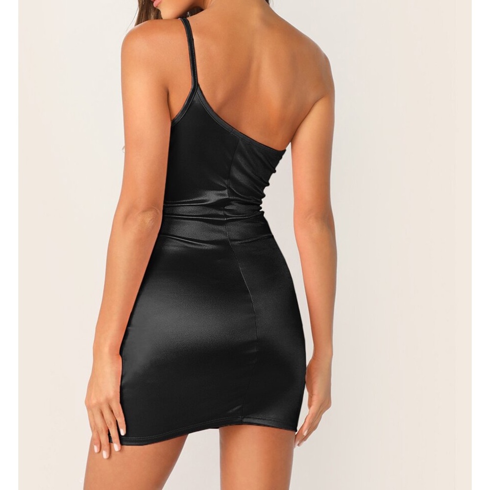 Black One Shoulder Satin Bodycon Sexy Party Dress - Picture 2 of 6